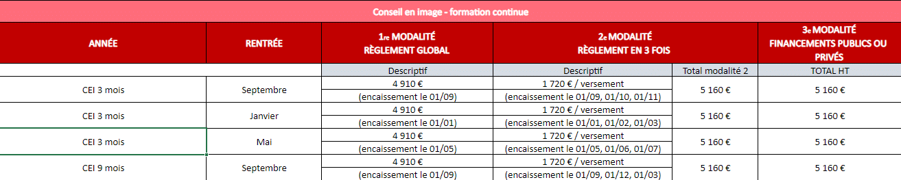 tarif formation continue